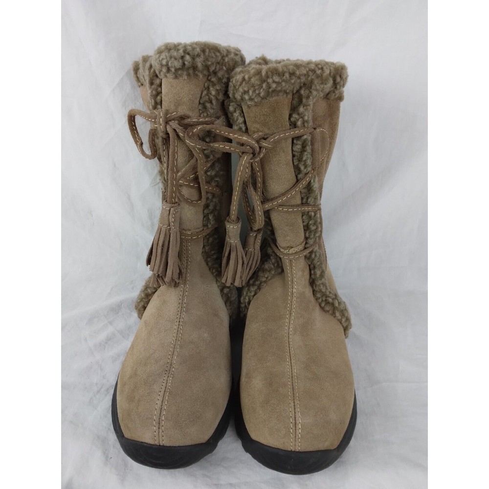Lands' End Tan Suede Leather Boots Fleece Lining Zip Up Mid Calf Womens Size 7B - Picture 2 of 8